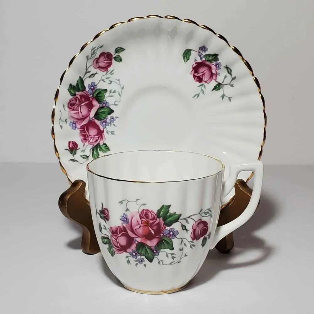 English Castle Teacup and Saucer Pink Roses Vintage